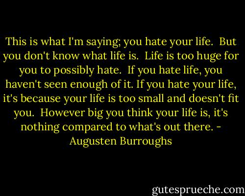 This is what I'm saying; you hate your life. <br />But you don't know what life is. <br />Life is too huge for you to possibly hate. <br />If you hate life, you haven't seen enough of it. If you hate your life, it's because your life is too small and doesn't fit you. <br />However big you think your life is, it's nothing compared to what's out there. - Augusten Burroughs