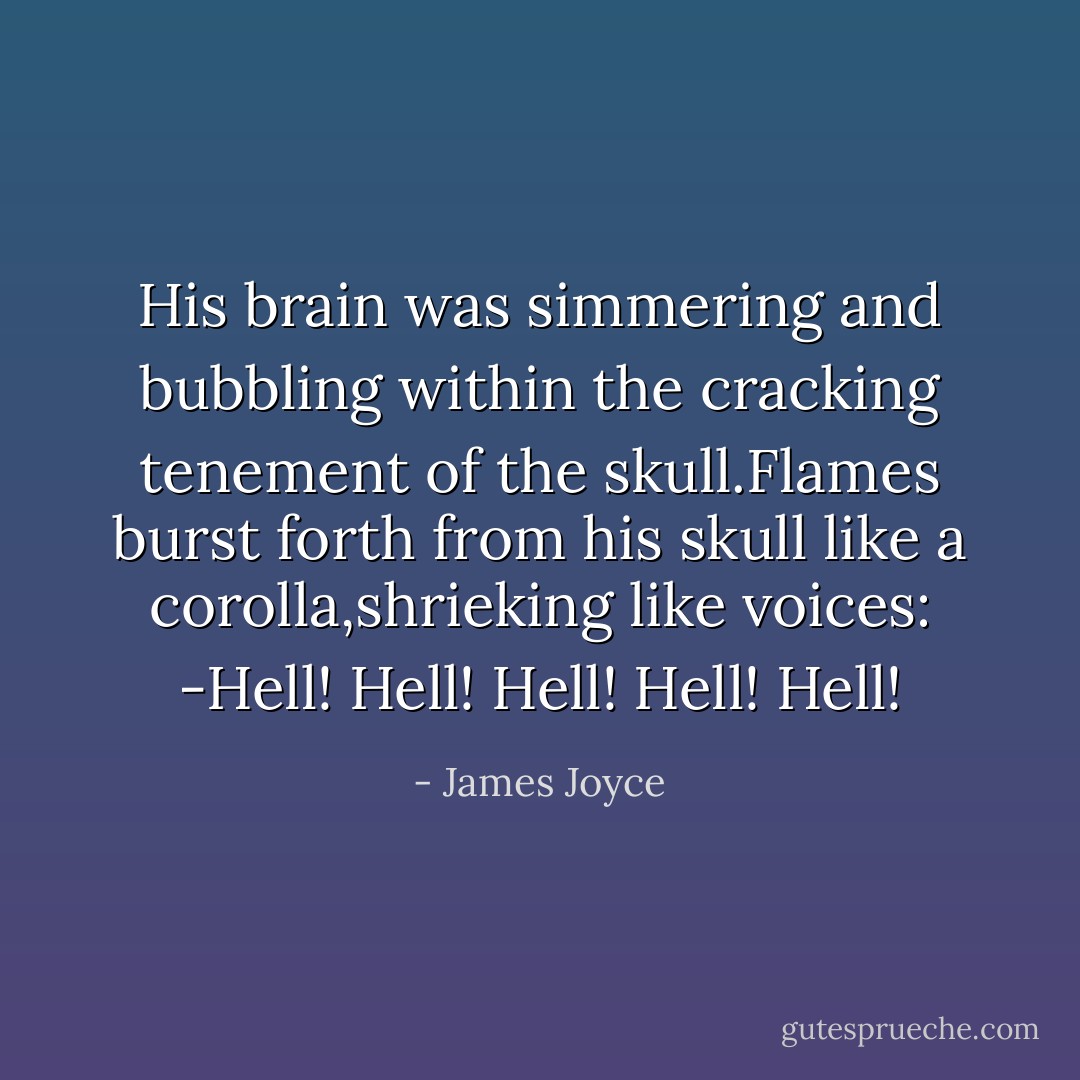 His brain was simmering and bubbling within the cracking tenement of the skull.Flames burst forth from his skull like a corolla,shrieking like voices: -Hell! Hell! Hell! Hell! Hell! - James Joyce