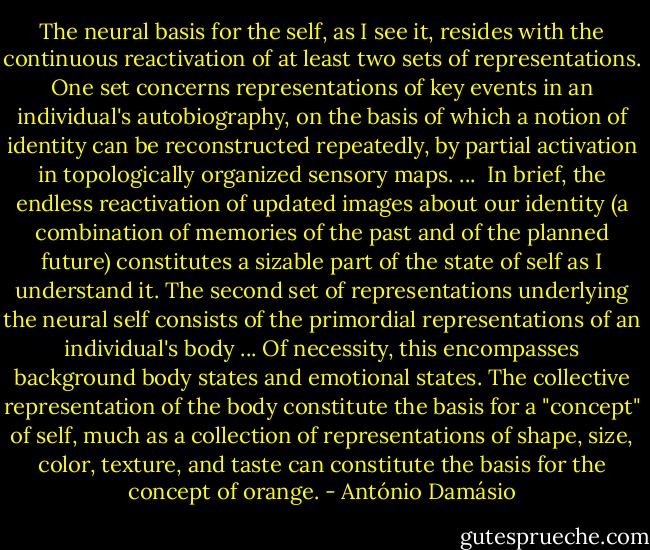 The neural basis for the self, as I see it, resides with the continuous reactivation of at least two sets of representations. One set concerns representations of key events in an individual's autobiography, on the basis of which a notion of identity can be reconstructed repeatedly, by partial activation in topologically organized sensory maps. ... <br />In brief, the endless reactivation of updated images about our identity (a combination of memories of the past and of the planned future) constitutes a sizable part of the state of self as I understand it.<br />The second set of representations underlying the neural self consists of the primordial representations of an individual's body ... Of necessity, this encompasses background body states and emotional states. The collective representation of the body constitute the basis for a "concept" of self, much as a collection of representations of shape, size, color, texture, and taste can constitute the basis for the concept of orange. - António Damásio