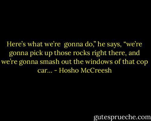 Here’s what we’re <br />gonna do,” he says,<br />“we’re gonna pick up<br />those rocks right there,<br />and we’re gonna<br />smash out the windows<br />of that cop car… - Hosho McCreesh