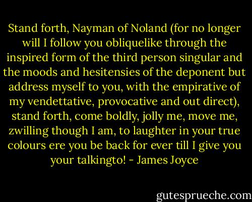 Stand forth, Nayman of Noland (for no longer will I follow you obliquelike through the inspired form of the third person singular and the moods and hesitensies of the deponent but address myself to you, with the empirative of my vendettative, provocative and out direct), stand forth, come boldly, jolly me, move me, zwilling though I am, to laughter in your true colours ere you be back for ever till I give you your talkingto! - James Joyce