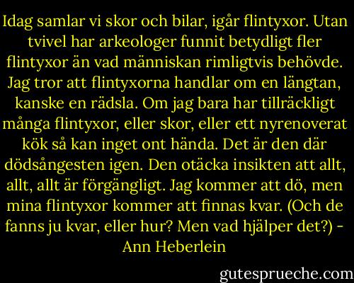 Idag samlar vi skor och bilar, igår flintyxor. Utan tvivel har arkeologer funnit betydligt fler flintyxor än vad människan rimligtvis behövde. Jag tror att flintyxorna handlar om en längtan, kanske en rädsla. Om jag bara har tillräckligt många flintyxor, eller skor, eller ett nyrenoverat kök så kan inget ont hända. Det är den där dödsångesten igen. Den otäcka insikten att allt, allt, allt är förgängligt. Jag kommer att dö, men mina flintyxor kommer att finnas kvar. (Och de fanns ju kvar, eller hur? Men vad hjälper det?) - Ann Heberlein