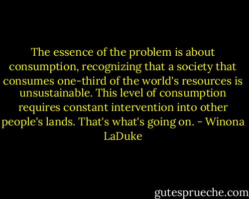 The essence of the problem is about consumption, recognizing that a society that consumes one-third of the world's resources is unsustainable. This level of consumption requires constant intervention into other people's lands. That's what's going on. - Winona LaDuke