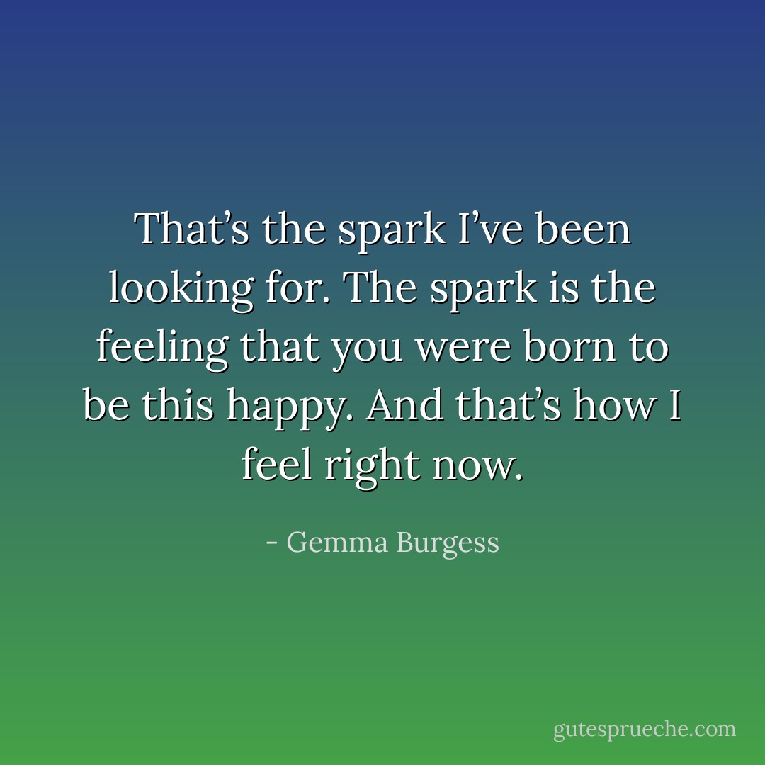 That’s the spark I’ve been looking for. The spark is the feeling that you were born to be this happy. And that’s how I feel right now. - Gemma Burgess