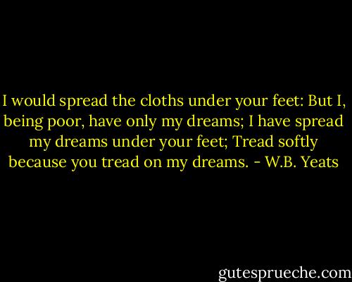 I would spread the cloths under your feet:<br />But I, being poor, have only my dreams;<br />I have spread my dreams under your feet;<br />Tread softly because you tread on my dreams. - W.B. Yeats