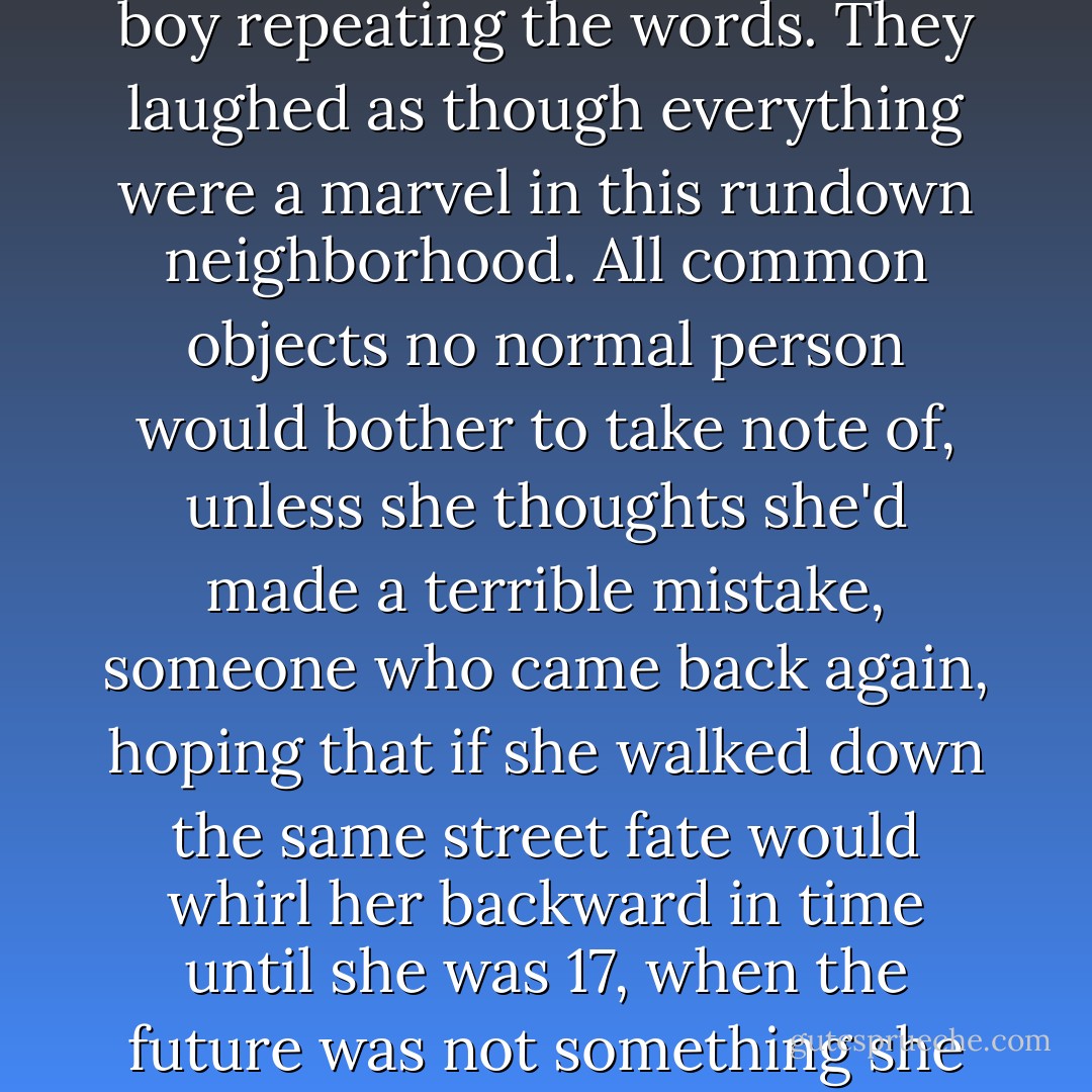 Sometimes they'd be there for over an hour, the woman pointing out the catalpa trees, the sparrows, the streetlights,the porch, the little boy repeating the words. They laughed as though everything were a marvel in this rundown neighborhood. All common objects no normal person would bother to take note of, unless she thoughts she'd made a terrible mistake, someone who came back again, hoping that if she walked down the same street fate would whirl her backward in time until she was 17, when the future was not something she had stepped into, when it was just a idea, a moment, something that had not disappointed her yet. - Alice Hoffman