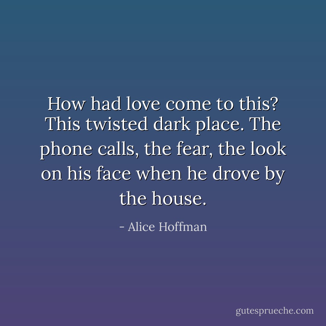 How had love come to this? This twisted dark place. The phone calls, the fear, the look on his face when he drove by the house. - Alice Hoffman