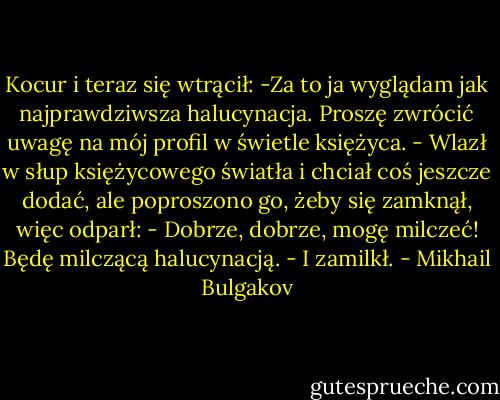 Kocur i teraz się wtrącił:<br />-Za to ja wyglądam jak najprawdziwsza halucynacja. Proszę zwrócić uwagę na mój profil w świetle księżyca. - Wlazł w słup księżycowego światła i chciał coś jeszcze dodać, ale poproszono go, żeby się zamknął, więc odparł: - Dobrze, dobrze, mogę milczeć! Będę milczącą halucynacją. - I zamilkł. - Mikhail Bulgakov
