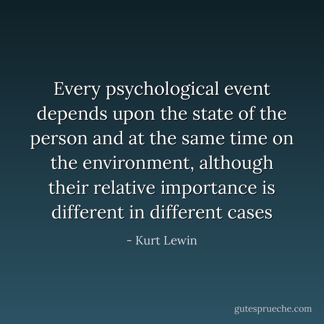 Every psychological event depends upon the state of the person and at the same time on the environment, although their relative importance is different in different cases - Kurt Lewin
