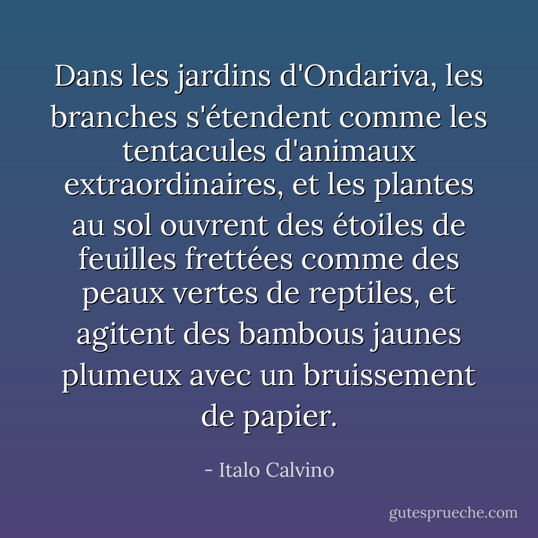 Dans les jardins d'Ondariva, les branches s'étendent comme les tentacules d'animaux extraordinaires, et les plantes au sol ouvrent des étoiles de feuilles frettées comme des peaux vertes de reptiles, et agitent des bambous jaunes plumeux avec un bruissement de papier. - Italo Calvino