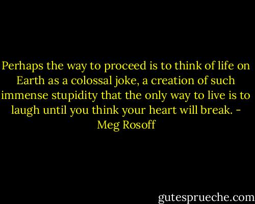 Perhaps the way to proceed is to think of life on Earth as a colossal joke, a creation of such immense stupidity that the only way to live is to laugh until you think your heart will break. - Meg Rosoff