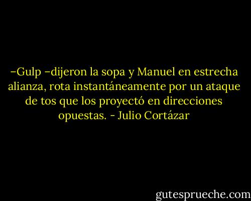 –Gulp –dijeron la sopa y Manuel en estrecha alianza, rota instantáneamente por un ataque de tos que los proyectó en direcciones opuestas. - Julio Cortázar