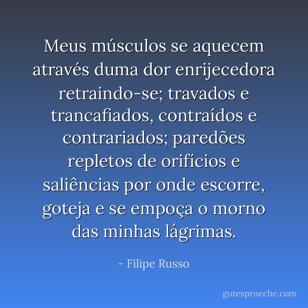 Meus músculos se aquecem através duma dor enrijecedora retraindo-se; travados e trancafiados, contraídos e contrariados; paredões repletos de orifícios e saliências por onde escorre, goteja e se empoça o morno das minhas lágrimas. - Filipe Russo