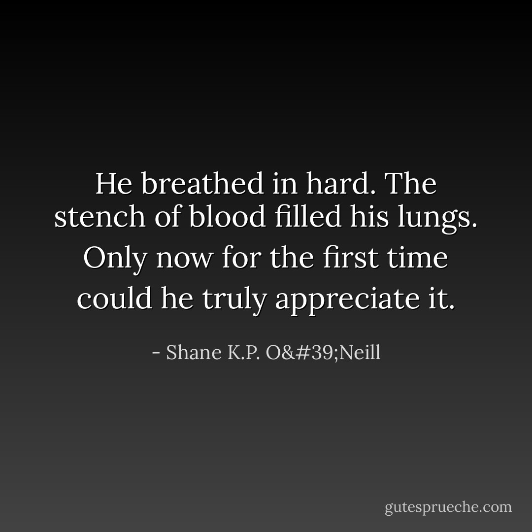 He breathed in hard. The stench of blood filled his lungs. Only now for the first time could he truly appreciate it. - Shane K.P. O'Neill