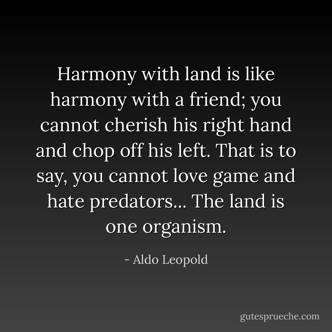 Harmony with land is like harmony with a friend; you cannot cherish his right hand and chop off his left. That is to say, you cannot love game and hate predators... The land is one organism. - Aldo Leopold