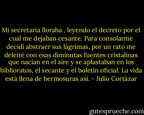 Mi secretaria lloraba , leyendo el decreto por el cual me dejaban cesante. Para consolarme decidì abstraer sus lágrimas, por un rato me deleité con esas diminutas fuentes cristalinas que nacían en el aire y se aplastaban en los biblioratos, el secante y el boletín oficial. La vida está llena de hermosuras así. - Julio Cortázar