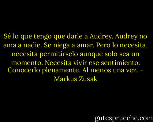 Sé lo que tengo que darle a Audrey.<br />Audrey no ama a nadie.<br />Se niega a amar.<br />Pero lo necesita, necesita permitírselo aunque solo sea un momento. Necesita vivir ese sentimiento. Conocerlo plenamente. Al menos una<br />vez. - Markus Zusak