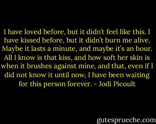 I have loved before, but it didn’t feel like this.<br />I have kissed before, but it didn’t burn me alive.<br />Maybe it lasts a minute, and maybe it’s an hour. All I know is that kiss, and how soft her skin is when it brushes against mine, and that, even if I did not know it until now, I have been waiting for this person forever. - Jodi Picoult