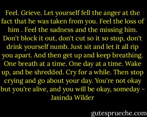 Feel. Grieve. Let yourself fell the anger at the fact that he was taken from you. Feel the loss of him . Feel the sadness and the missing him. Don't block it out, don't cut so it so stop, don't drink yourself numb. Just sit and let it all rip you apart. And then get up and keep breathing. One breath at a time. One day at a time. Wake up, and be shredded. Cry for a while. Then stop crying and go about your day. You're not okay but you're alive, and you will be okay, someday - Jasinda Wilder