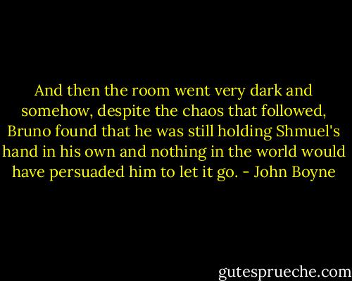 And then the room went very dark and somehow, despite the chaos that followed, Bruno found that he was still holding Shmuel's hand in his own and nothing in the world would have persuaded him to let it go. - John Boyne