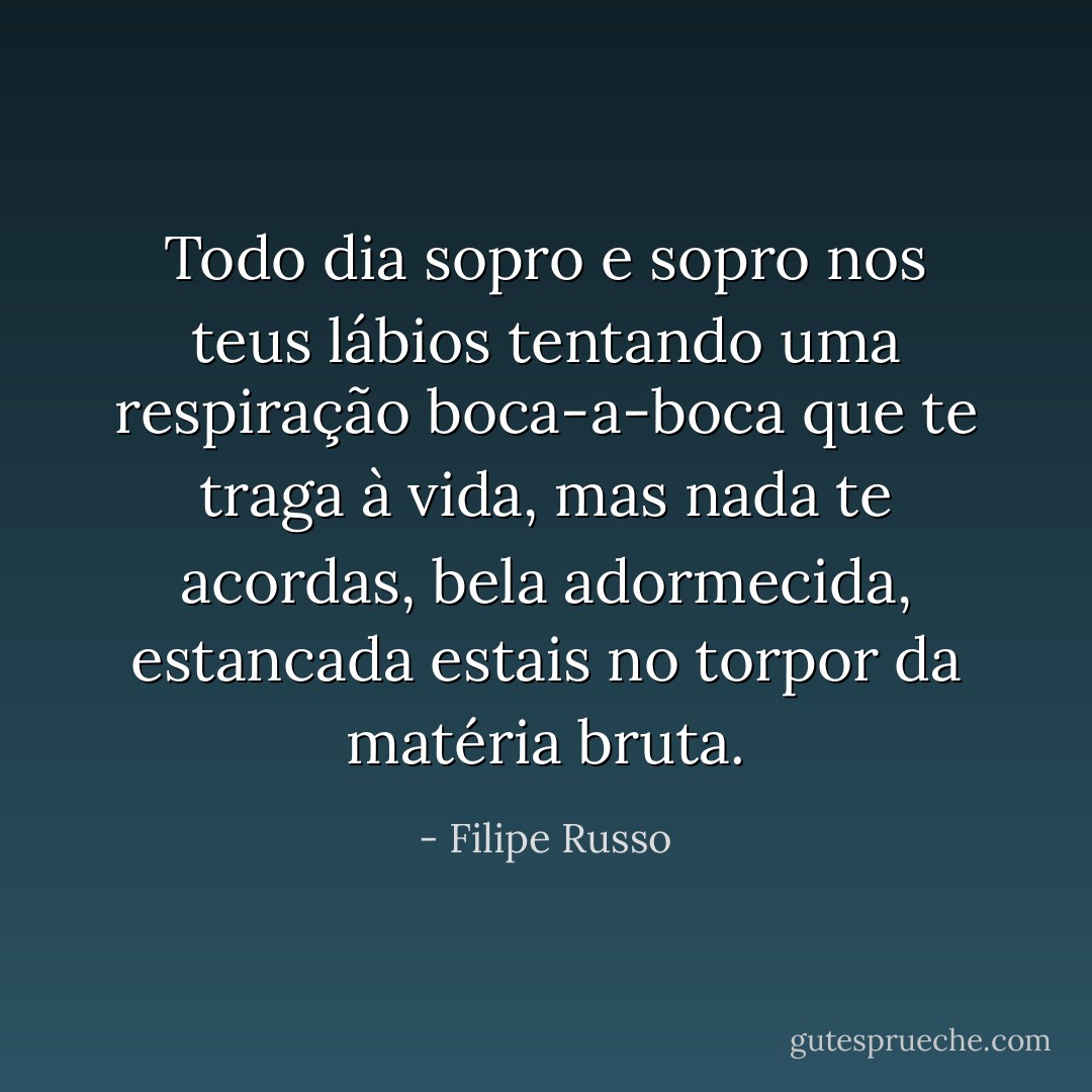 Todo dia sopro e sopro nos teus lábios tentando uma respiração boca-a-boca que te traga à vida, mas nada te acordas, bela adormecida, estancada estais no torpor da matéria bruta. - Filipe Russo