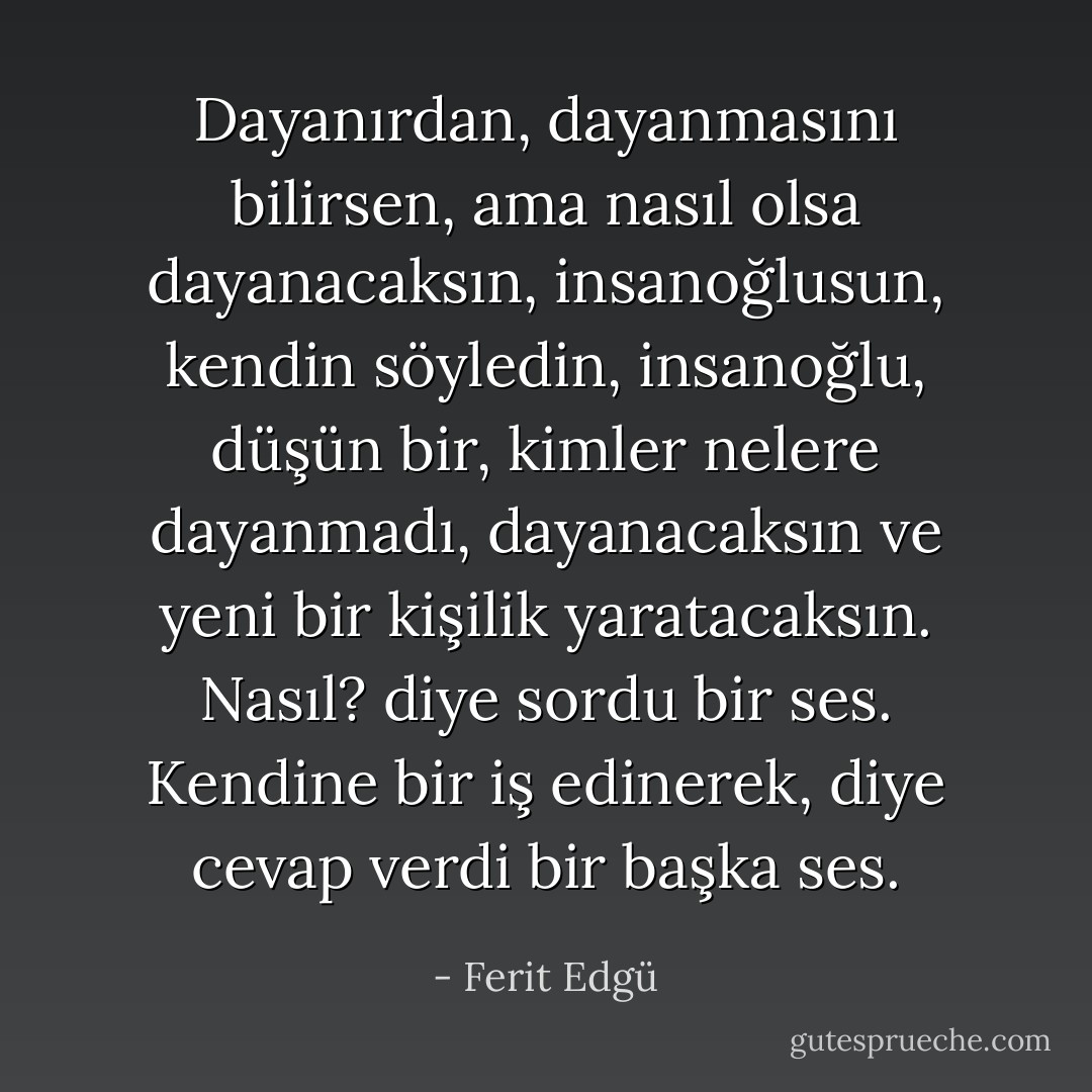 Dayanırdan, dayanmasını bilirsen, ama nasıl olsa dayanacaksın, insanoğlusun, kendin söyledin, insanoğlu, düşün bir, kimler nelere dayanmadı, dayanacaksın ve yeni bir kişilik yaratacaksın.<br />Nasıl? diye sordu bir ses.<br />Kendine bir iş edinerek, diye cevap verdi bir başka ses. - Ferit Edgü