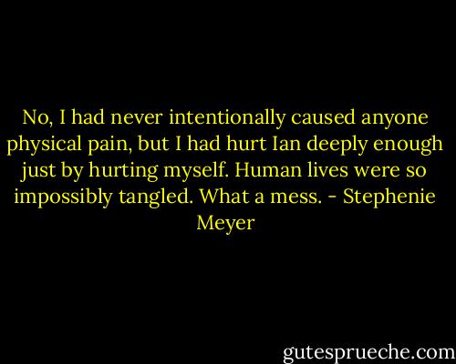 No, I had never intentionally caused anyone physical pain, but I had hurt Ian deeply enough just by hurting myself. Human lives were so impossibly tangled. What a mess. - Stephenie Meyer