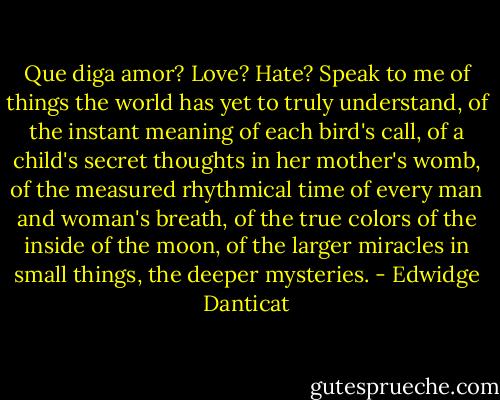 Que diga amor? Love? Hate? Speak to me of things the world has yet to truly understand, of the instant meaning of each bird's call, of a child's secret thoughts in her mother's womb, of the measured rhythmical time of every man and woman's breath, of the true colors of the inside of the moon, of the larger miracles in small things, the deeper mysteries. - Edwidge Danticat