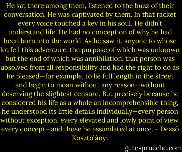 He sat there among them, listened to the buzz of their conversation. He was captivated by them. In that racket every voice touched a key in his soul. He didn’t understand life. He had no conception of why he had been born into the world. As he saw it, anyone to whose lot fell this adventure, the purpose of which was unknown but the end of which was annihilation, that person was absolved from all responsibility and had the right to do as he pleased—for example, to lie full length in the street and begin to moan without any reason—without deserving the slightest censure. But precisely because he considered his life as a whole an incomprehensible thing, he understood its little details individually—every person without exception, every elevated and lowly point of view, every concept—and those he assimilated at once. - Dezső Kosztolányi