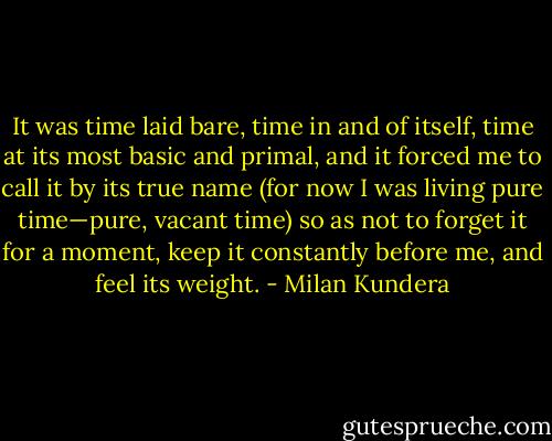 It was time laid bare, time in and of itself, time at its most basic and primal, and it forced me to call it by its true name (for now I was living pure time—pure, vacant time) so as not to forget it for a moment, keep it constantly before me, and feel its weight. - Milan Kundera