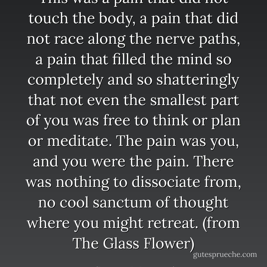 This was a pain that did not touch the body, a pain that did not race along the nerve paths, a pain that filled the mind so completely and so shatteringly that not even the smallest part of you was free to think or plan or meditate. The pain was you, and you were the pain. There was nothing to dissociate from, no cool sanctum of thought where you might retreat. (from The Glass Flower) - George R.R. Martin