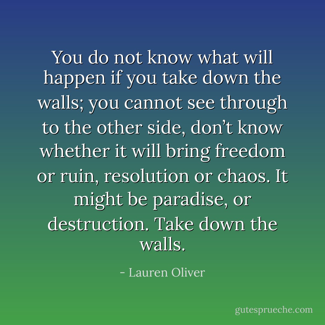 You do not know what will happen if you take down the walls; you cannot see through to the other side, don’t know whether it will bring freedom or ruin, resolution or chaos. It might be paradise, or destruction. Take down the walls. - Lauren Oliver