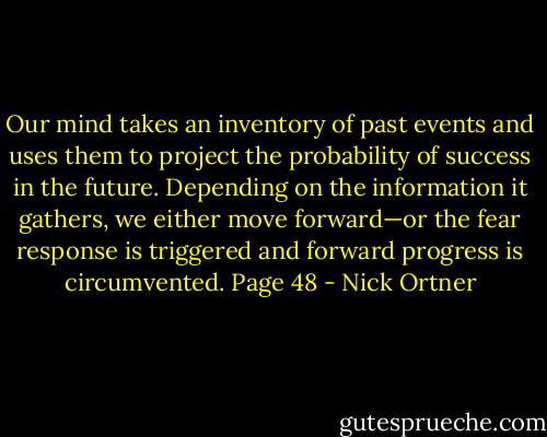 Our mind takes an inventory of past events and uses them to project the probability of success in the future. Depending on the information it gathers, we either move forward—or the<br />fear response is triggered and forward progress is circumvented. Page 48 - Nick Ortner