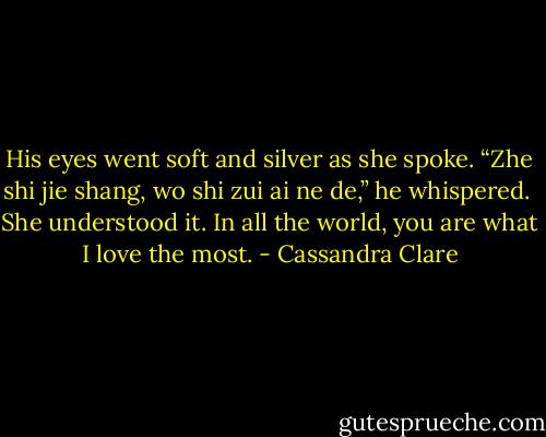 His eyes went soft and silver as she spoke. “Zhe shi jie shang, wo shi zui ai ne de,” he whispered.<br /><br />She understood it. In all the world, you are what I love the most. - Cassandra Clare