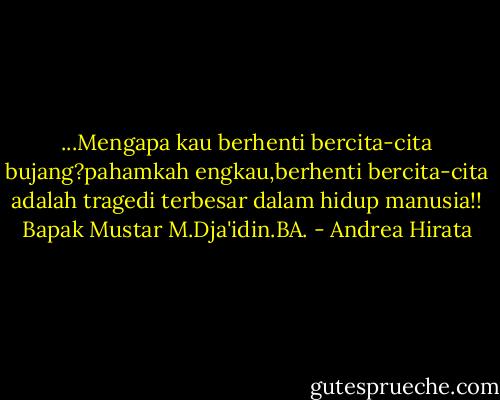 ...Mengapa kau berhenti bercita-cita bujang?pahamkah engkau,berhenti bercita-cita adalah tragedi terbesar dalam hidup manusia!!<br />Bapak Mustar M.Dja'idin.BA. - Andrea Hirata