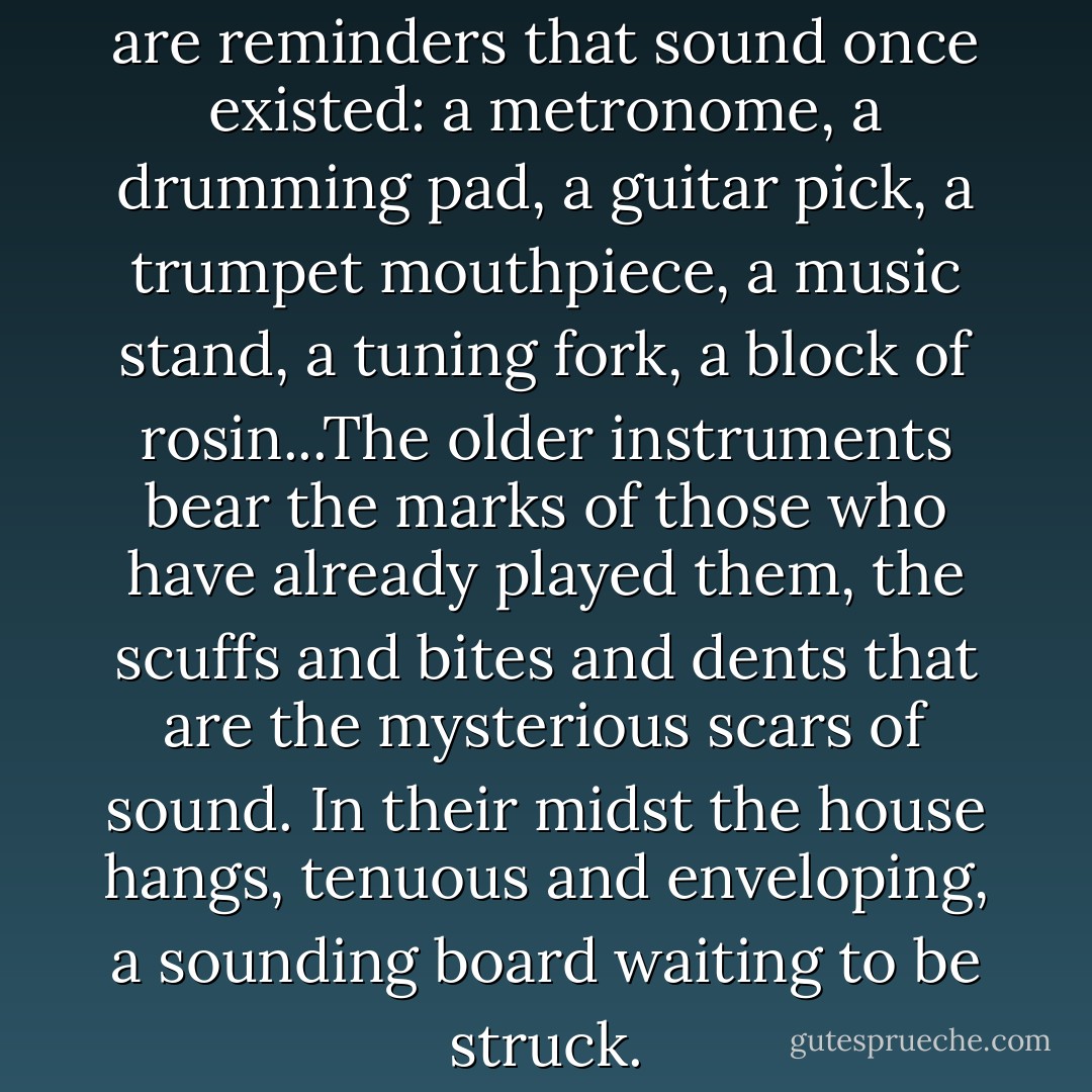 Scattered among these things are reminders that sound once existed: a metronome, a drumming pad, a guitar pick, a trumpet mouthpiece, a music stand, a tuning fork, a block of rosin...The older instruments bear the marks of those who have already played them, the scuffs and bites and dents that are the mysterious scars of sound. In their midst the house hangs, tenuous and enveloping, a sounding board waiting to be struck. - Geoffrey O'Brien