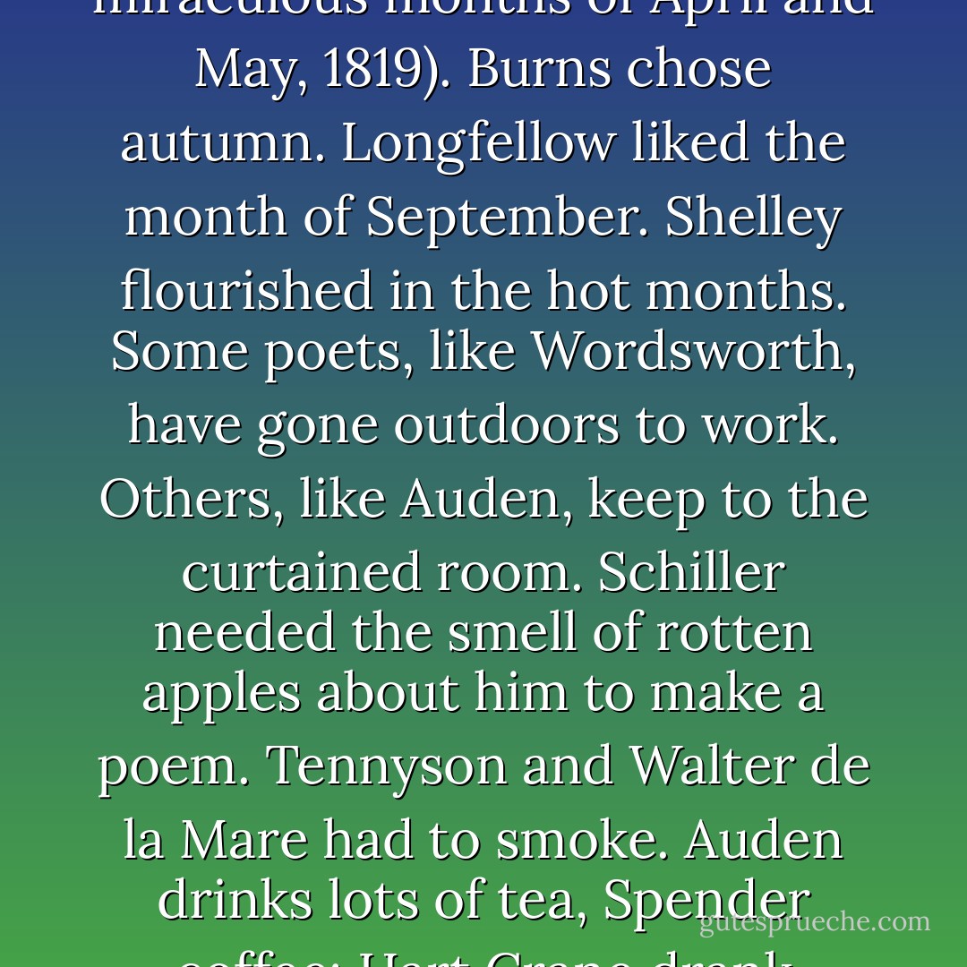The seasonal urge is strong in poets. Milton wrote chiefly in winter. Keats looked for spring to wake him up (as it did in the miraculous months of April and May, 1819). Burns chose autumn. Longfellow liked the month of September. Shelley flourished in the hot months. Some poets, like Wordsworth, have gone outdoors to work. Others, like Auden, keep to the curtained room. Schiller needed the smell of rotten apples about him to make a poem. Tennyson and Walter de la Mare had to smoke. Auden drinks lots of tea, Spender coffee; Hart Crane drank alcohol. Pope, Byron, and William Morris were creative late at night. And so it goes. - Helen Bevington
