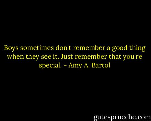 Boys sometimes don't remember a good thing when they see it. Just remember that you're special. - Amy A. Bartol
