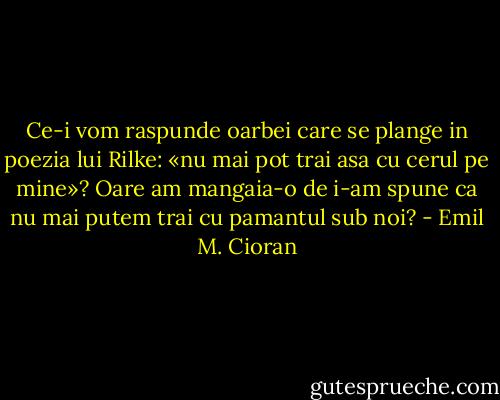 Ce-i vom raspunde oarbei care se plange in poezia lui Rilke: «nu mai pot trai asa cu cerul pe mine»? Oare am mangaia-o de i-am spune ca nu mai putem trai cu pamantul sub noi? - Emil M. Cioran