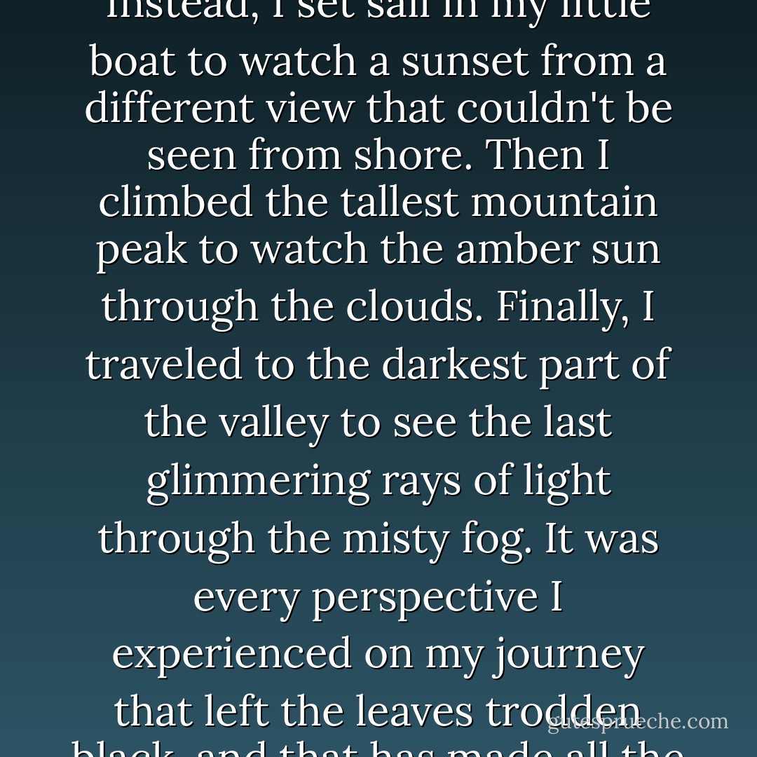 Two roads diverged in a yellow wood, but I chose neither one. Instead, I set sail in my little boat to watch a sunset from a different view that couldn't be seen from shore. Then I climbed the tallest mountain peak to watch the amber sun through the clouds. Finally, I traveled to the darkest part of the valley to see the last glimmering rays of light through the misty fog. It was every perspective I experienced on my journey that left the leaves trodden black, and that has made all the difference. - Shannon L. Alder