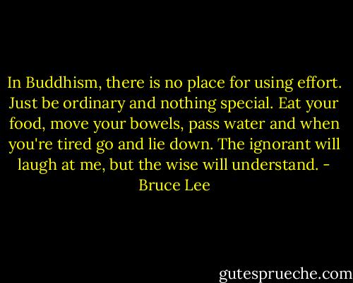 In Buddhism, there is no place for using effort. Just be ordinary and nothing special. Eat your food, move your bowels, pass water and when you're tired go and lie down. The ignorant will laugh at me, but the wise will understand. - Bruce Lee