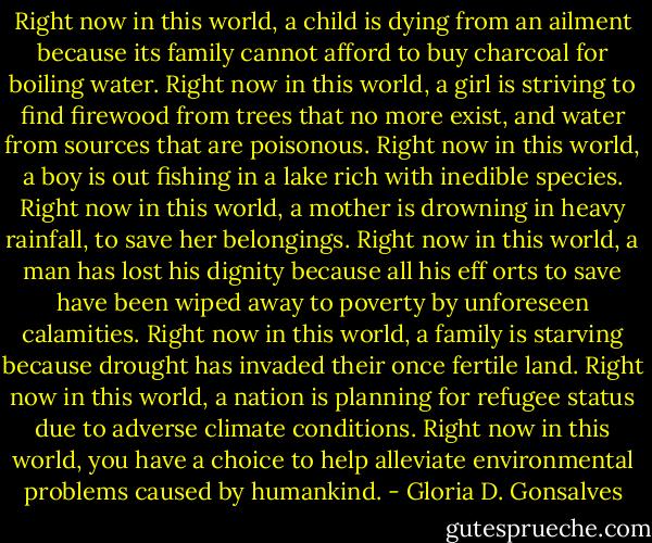 Right now in this world, a child is dying from an ailment because its family cannot afford to buy charcoal for boiling water.<br />Right now in this world, a girl is striving to find firewood from trees that no more exist, and water from sources that are poisonous.<br />Right now in this world, a boy is out fishing in a lake rich with inedible species.<br />Right now in this world, a mother is drowning in heavy rainfall, to save her belongings.<br />Right now in this world, a man has lost his dignity because all his eff orts to save have been wiped away to poverty by unforeseen calamities.<br />Right now in this world, a family is starving because drought has invaded their once fertile land.<br />Right now in this world, a nation is planning for refugee status due to adverse climate conditions.<br />Right now in this world, you have a choice to help alleviate environmental problems caused by humankind. - Gloria D. Gonsalves