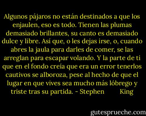 Algunos pájaros no están destinados a que los enjaulen, eso es todo. Tienen las plumas demasiado brillantes, su canto es demasiado dulce y libre. Así que, o les dejas irse, o, cuando abres la jaula para darles de comer, se las arreglan para escapar volando. Y la parte de ti que en el fondo creía que era un error tenerlos cautivos se alboroza, pese al hecho de que el lugar en que vives sea mucho más lóbrego y triste tras su partida. - Stephen         King