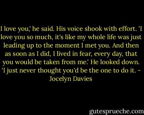 I love you,' he said. His voice shook with effort. 'I love you so much, it's like my whole life was just leading up to the moment I met you. And then as soon as I did, I lived in fear, every day, that you would be taken from me.' He looked down. 'I just never thought you'd be the one to do it. - Jocelyn Davies