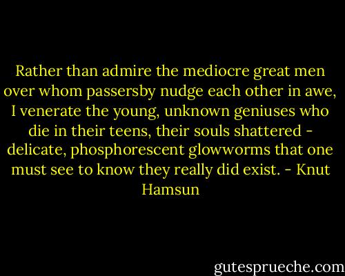 Rather than admire the mediocre great men over whom passersby nudge each other in awe, I venerate the young, unknown geniuses who die in their teens, their souls shattered - delicate, phosphorescent glowworms that one must see to know they really did exist. - Knut Hamsun
