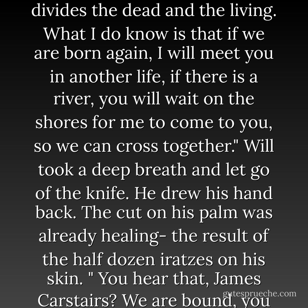 I told you before, Jem, that you would not leave me," Will said, his bloody hand on the hilt of the dagger. " And you are still with me. When I breath, I will think of you, for without you I would have been dead years ago. When I wake up and when I sleep, when I lift up my hands to defend myself or when I lie down to die, you will be with me. You say we are born again. I say there is a river that divides the dead and the living. What I do know is that if we are born again, I will meet you in another life, if there is a river, you will wait on the shores for me to come to you, so we can cross together." Will took a deep breath and let go of the knife. He drew his hand back. The cut on his palm was already healing- the result of the half dozen iratzes on his skin. " You hear that, James Carstairs? We are bound, you and I, over the divide of death, down through whatever generations may come. Forever." <br />He rose to his feet and looked down at the knife. The knife was Jem's, the blood was his. This spot of ground, whether he could ever find it again, whether he lived to try, would be theirs.<br />He turned around to walk to Balios, towards Wales and Tessa. He did not look back. - Cassandra Clare