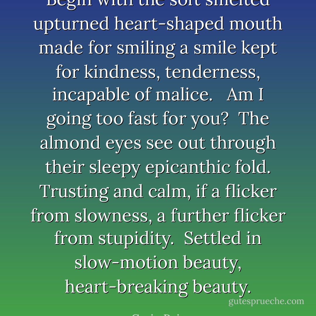 Begin with the soft smelted upturned heart-shaped mouth made for smiling a smile kept for kindness, tenderness, incapable of malice. <br /><br />Am I going too fast for you?<br /><br />The almond eyes see out through their sleepy epicanthic fold. Trusting and calm, if a flicker from slowness, a further flicker from stupidity.<br /><br />Settled in slow-motion beauty, heart-breaking beauty. - Craig Raine