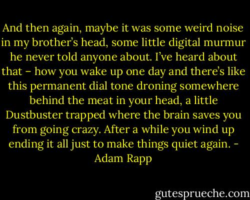 And then again, maybe it was some weird noise in my brother’s head, some little digital murmur he never told anyone about. I’ve heard about that – how you wake up one day and there’s like this permanent dial tone droning somewhere behind the meat in your head, a little Dustbuster trapped where the brain saves you from going crazy. After a while you wind up ending it all just to make things quiet again. - Adam Rapp