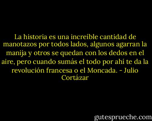 La historia es una increíble cantidad de manotazos por todos lados, algunos agarran la manija y otros se quedan con los dedos en el aire, pero cuando sumás el todo por ahí te da la revolución francesa o el Moncada. - Julio Cortázar