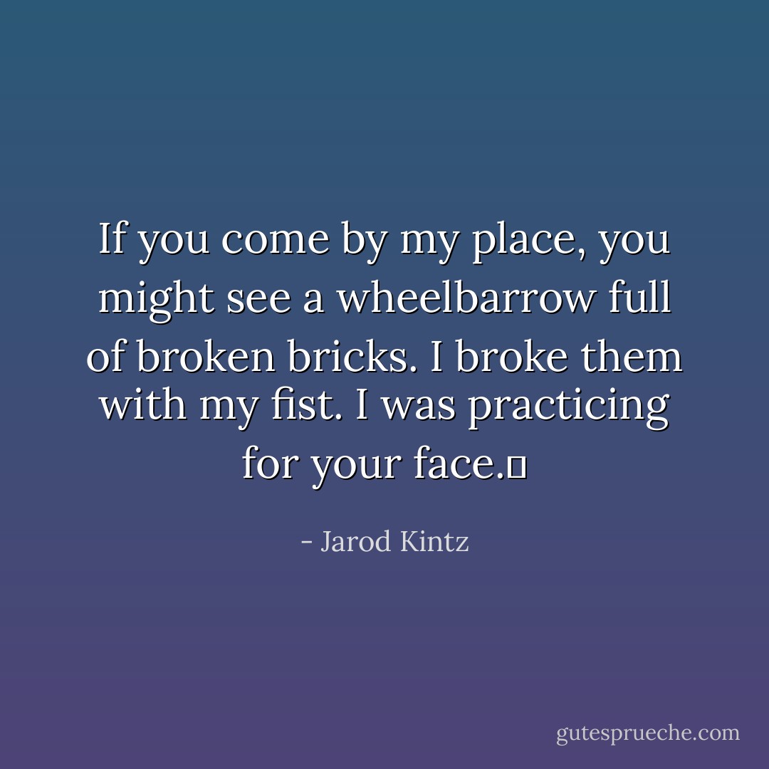 If you come by my place, you might see a wheelbarrow full of broken bricks. I broke them with my fist. I was practicing for your face.  - Jarod Kintz